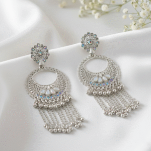 Shiny Silver Mirror Chandbali Earrings