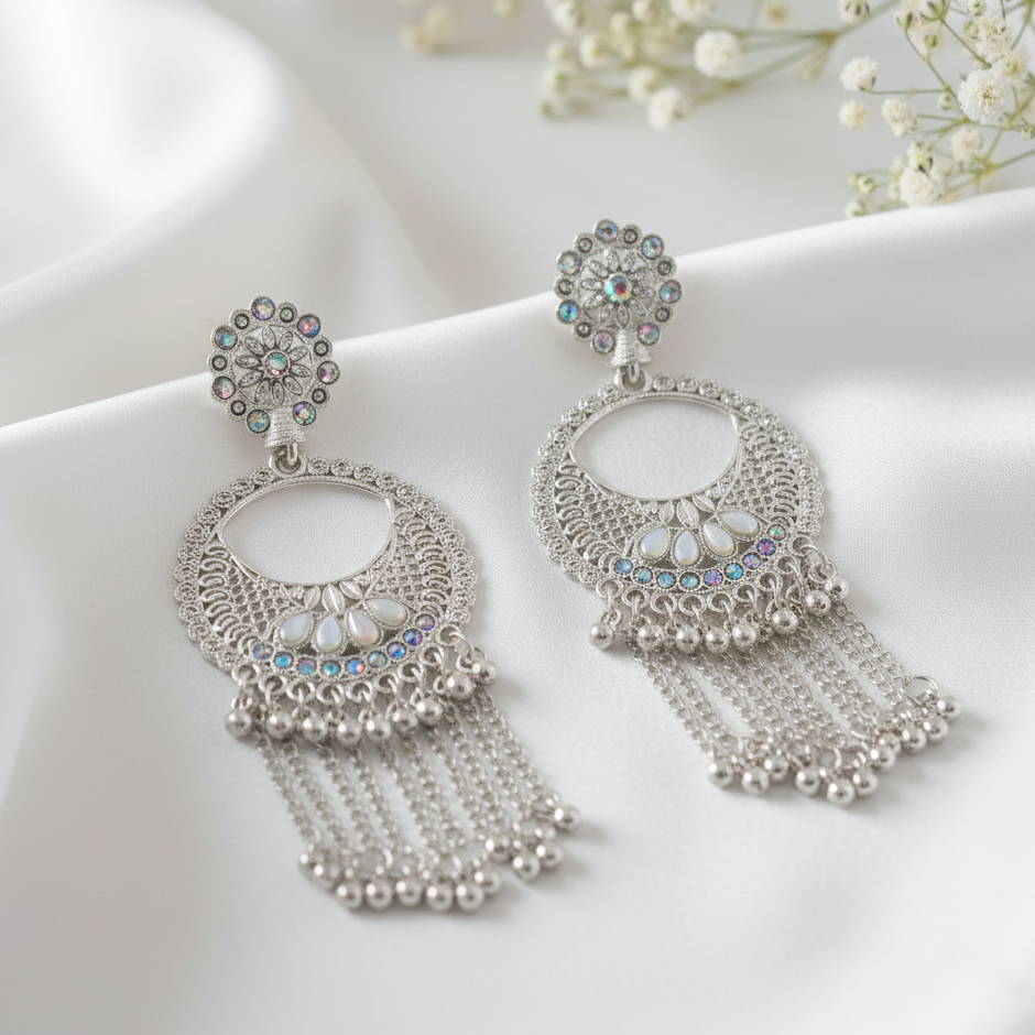 Shiny Silver Mirror Chandbali Earrings
