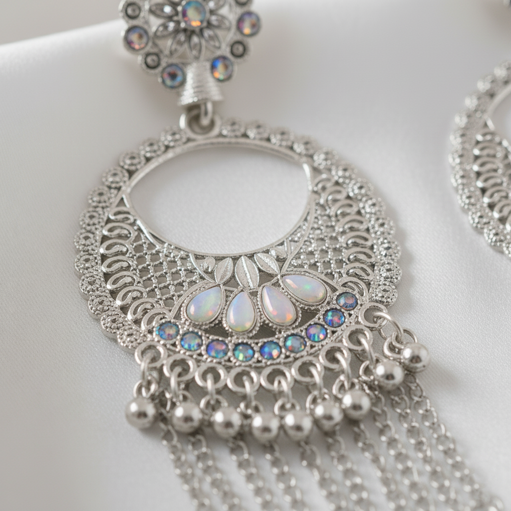 Shiny Silver Mirror Chandbali Earrings - Image 3