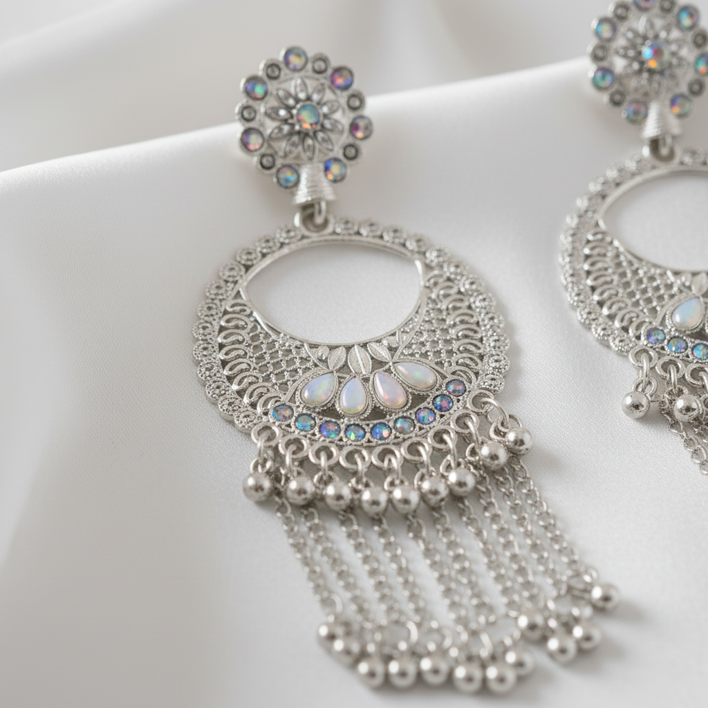 Shiny Silver Mirror Chandbali Earrings - Image 2