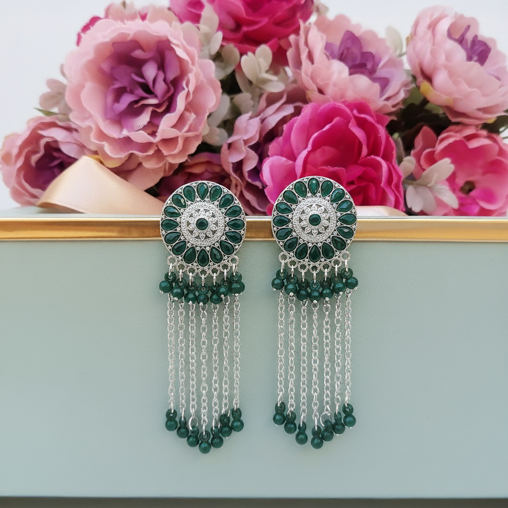 Trendy Oxidised Chain Earrings with Green Beads - Image 2