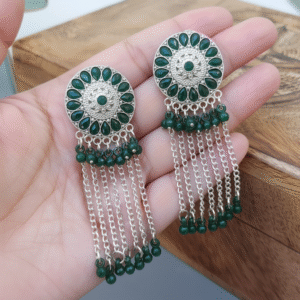 Trendy Oxidised Chain Earrings with Green Beads