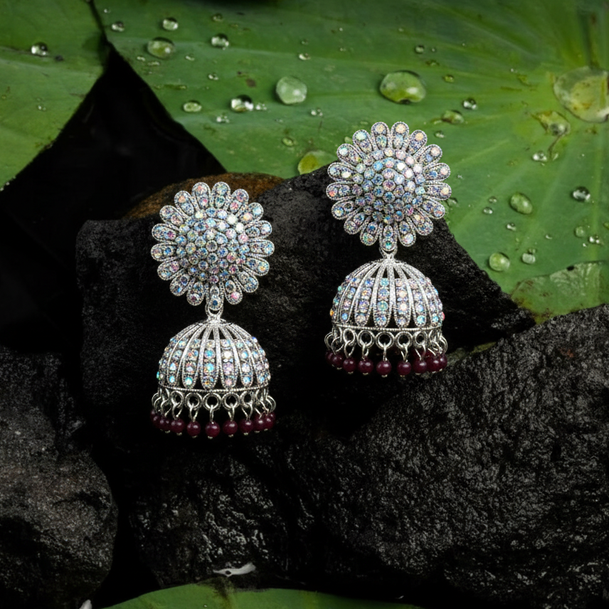 Royal Look Silver Plated Stone Studded Earrings
