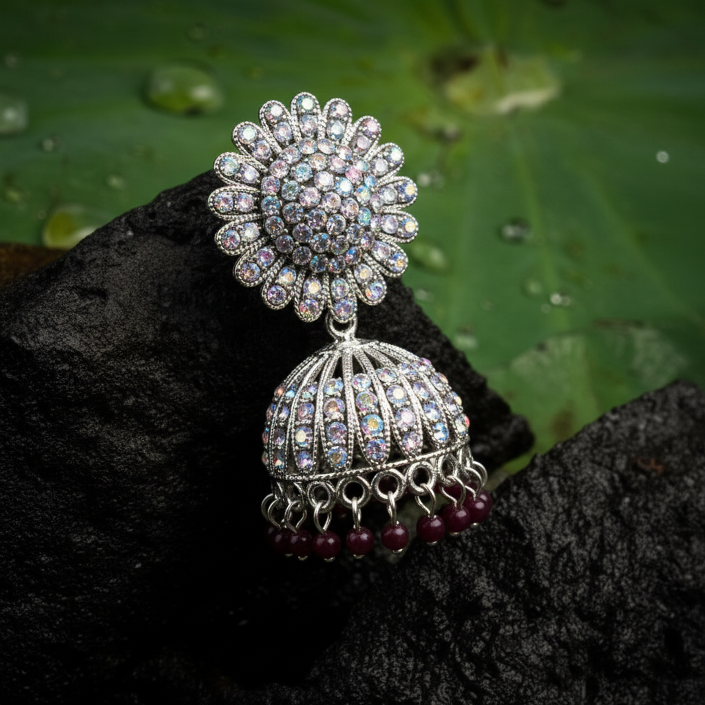 Royal Look Silver Plated Stone Studded Earrings - Image 2